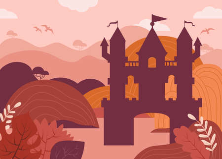Silhouette of Fairy tale castle in mountainのイラスト素材