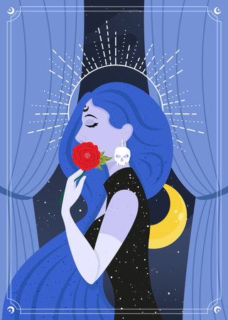 Blue Evil queen holding red rose illustrationのイラスト素材