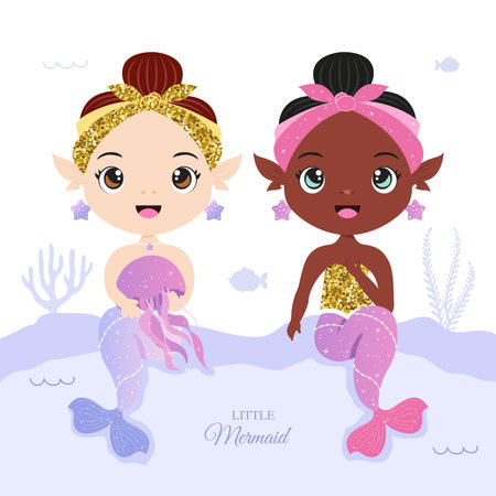 couple of glitter little mermaid illustrationのイラスト素材