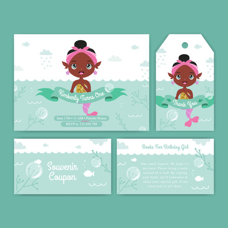 Birthday invitation set with cute glitter mermaidのイラスト素材