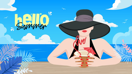 Hello summer banner with beautiful woman in bikini setのイラスト素材