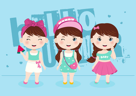 A bundle of three summer girls in a blue backgroundのイラスト素材