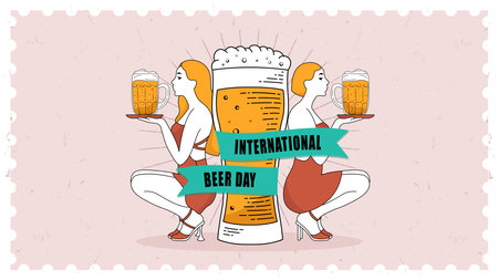 Flat International beer day banner with two beautiful womenのイラスト素材