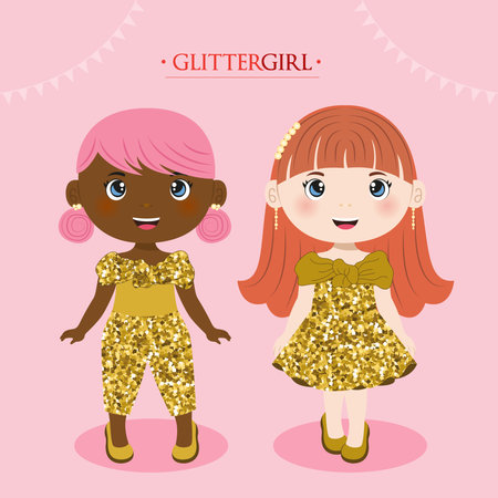 A bundle of two girls in glitter dressのイラスト素材