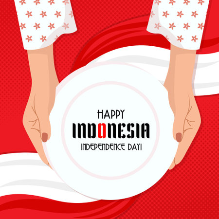 Happy Indonesia Independence day square poster with hands holding plate or signのイラスト素材