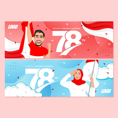 banners set for indonesia independence day celebration with flat people vectorのイラスト素材
