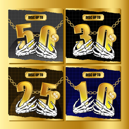 Collection of discount numbers for sale poster with skull hands holding a golden glossy numberのイラスト素材