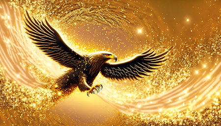 Illustration of an eagle on a golden background with sparkling particles.の素材