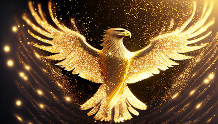 Golden eagle with golden wings on a black background. 3d renderingの素材