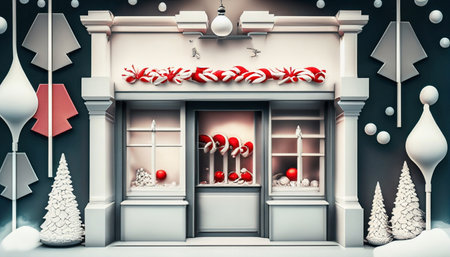 Christmas shop window with christmas ornaments, 3d renderの素材