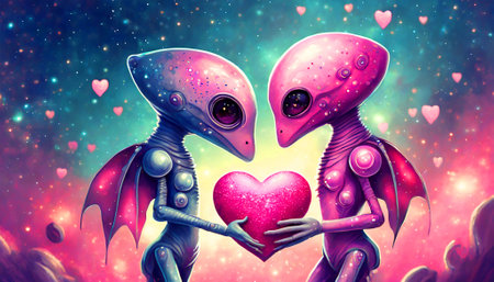 Fantasy alien couple holding red heart. Valentine's day background.の素材