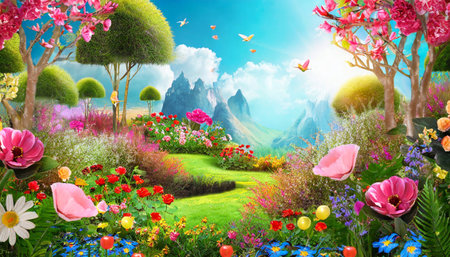 Beautiful fantasy landscape with flowers and trees. 3d illustration.の素材