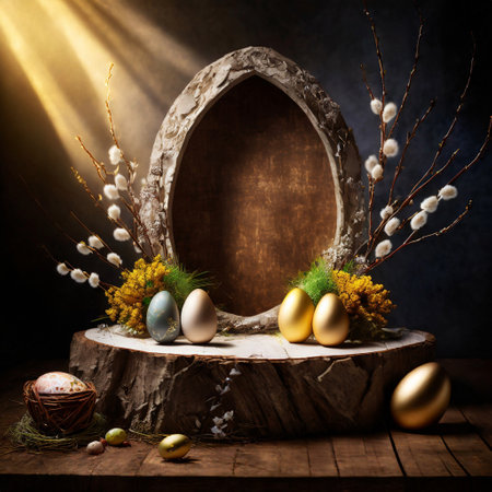 Easter still life with easter eggs and spring flowers on rustic wooden backgroundの素材