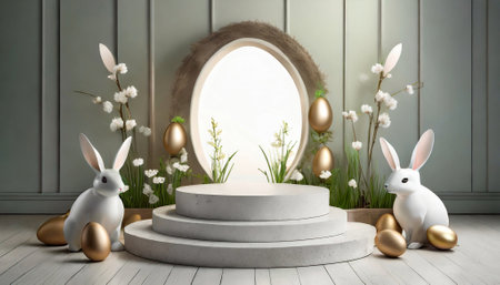 Easter background with eggs and rabbit. 3d render. High quality photoの素材