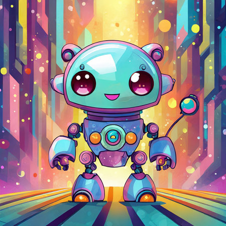 Cute little robot in the night city. Cartoon vector illustration.の素材