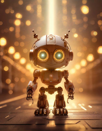 3d rendering robot toy with light bokeh on the backgroundの素材