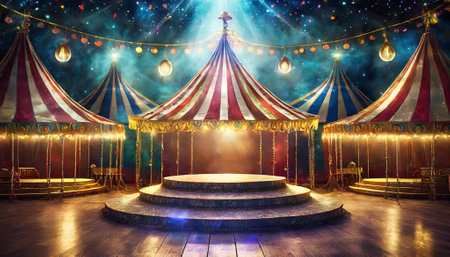 Circus background with magic tent and lights. 3D rendering.の素材