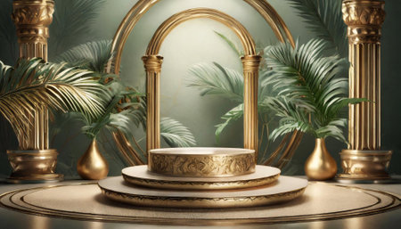 3d render, abstract minimal background, luxury product display podium, golden marble pedestalの素材