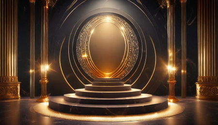 Stage Podium Scene for Award Ceremony illuminated with spotlight. Award ceremony concept. 3D Renderingの素材