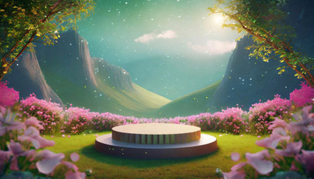 3D render of a podium in a fantasy landscape with flowers.の素材