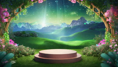 3D render of a fantasy scene with a podium and magic portalの素材