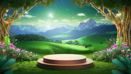 3d render of podium and fantasy landscape background. 3d illustration.の素材