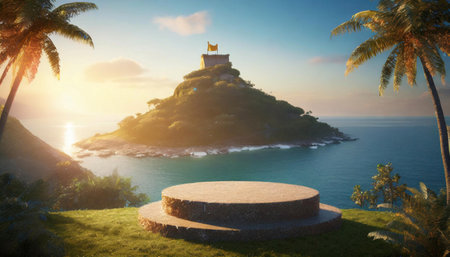3D render of a pedestal or platform over a beautiful tropical islandの素材