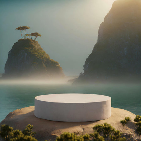 Empty round podium on top of rock and foggy sea. 3d renderingの素材