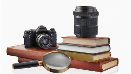 Old camera, books and magnifier on a white background. Isolatedの素材
