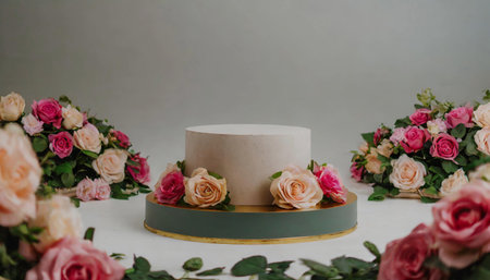 Beautiful wedding cake decorated with roses and green leaves on white backgroundの素材