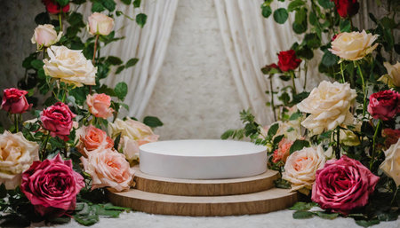 Wooden podium for product presentation in front of a background of rosesの素材