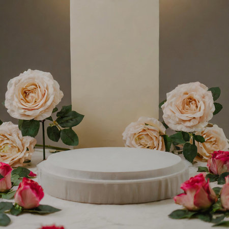 White podium with pink roses on a gray background. Minimal style.の素材