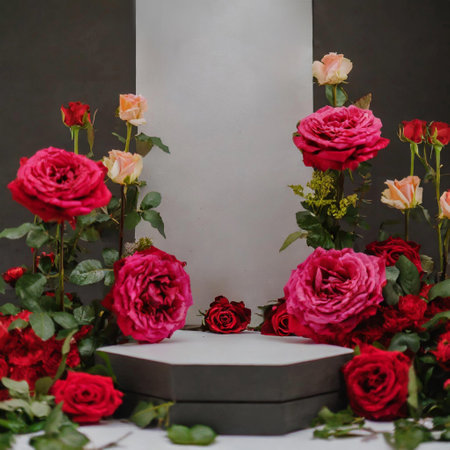 beautiful red roses and white podium on gray background with copy spaceの素材