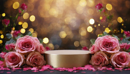 Round podium for product display with beautiful roses on bokeh backgroundの素材