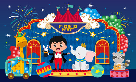Circus theme with kids and animals on blue background, vector illustrationのイラスト素材