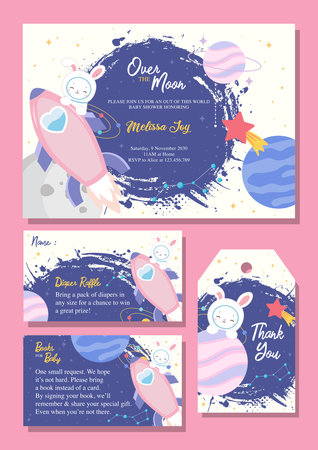 Set of baby shower invitation cards with a cute bunny astronaut and space elements. Vector illustration.のイラスト素材