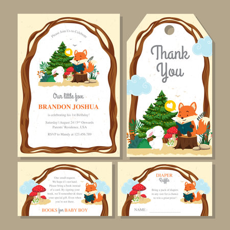 Set of birthday invitation cards with a cute fox and bunny in the forestのイラスト素材