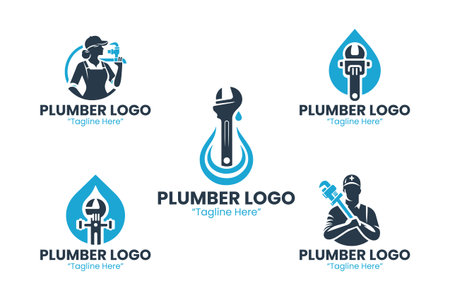 A professional set of five plumber  designs with modern and clean concepts, ideal for plumbing services, repair businesses, and water-related company branding.のイラスト素材