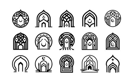 A collection of 15 ornament Islamic  designs showcasing arabesque and symmetrical cultural patterns. Ideal for institutions, events, and branding projects. in black and white silhouette styleのイラスト素材
