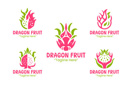 A collection of 5 dragon fruit  set tropical fruit branding  collection suitable for branding, packaging, and identity projects.のイラスト素材
