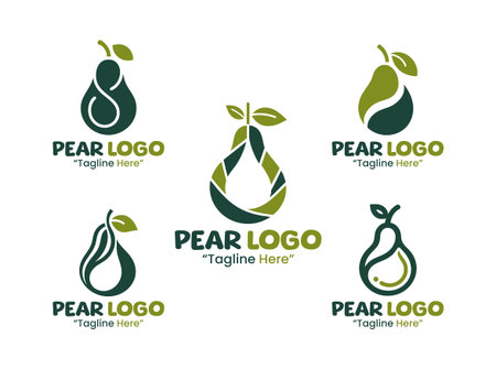 A collection of 5 pear  set stone fruit branding  collection suitable for branding, packaging, and identity projects.のイラスト素材