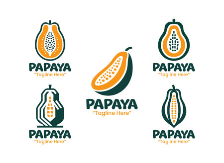 A collection of 5 papaya  set tropical fruit branding  collection suitable for branding, packaging, and identity projects.のイラスト素材