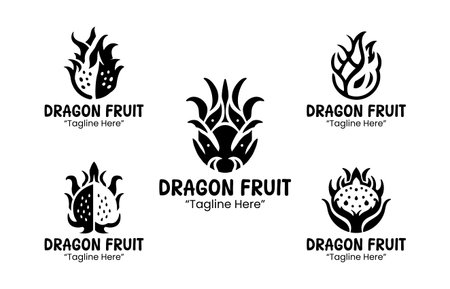 A collection of 5 dragon fruit  set tropical fruit branding  collection suitable for branding, packaging, and identity projects. Presented in black and white silhouette style for versatile branding applications.のイラスト素材