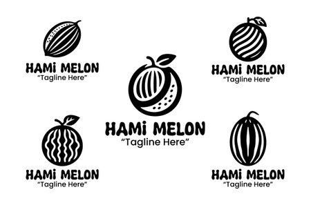 A collection of 5 hami melon  set tropical fruit branding  collection suitable for branding, packaging, and identity projects. Presented in black and white silhouette style for versatile branding applications.のイラスト素材
