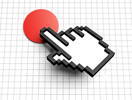 pixel hand and red button
