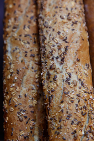 French cereal breads and baguetteの写真素材