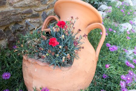 Greek clay amphora with flowersの写真素材