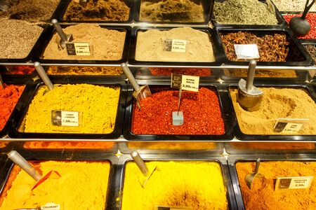 BARCELONA, SPAIN - JULY 15, 2015: spices  for sale at the Mercat de Sant Josep de la Boqueria in Barcelona. It is a large public market in the Ciutat Vella district of Barcelona.のeditorial素材