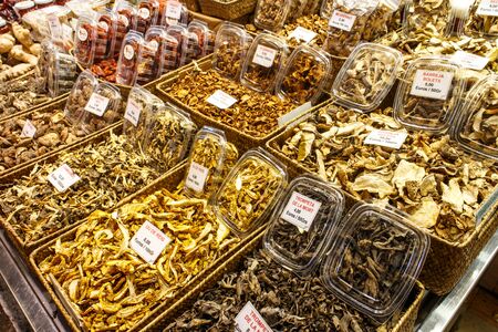 BARCELONA, SPAIN - JULY 15, 2015: Famous La Boqueria market - one of the oldest markets (Established in 1217) in Europe that still exist. A huge selection of mushrooms.のeditorial素材