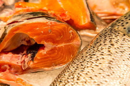 Fresh red fish on ice. Salmon
